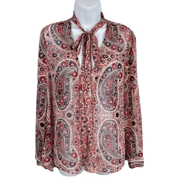 Alice + Olivia Anabel Boho Paisley Floral Bow Tie Blouse Top S Rust Black - Picture 2 of 12
